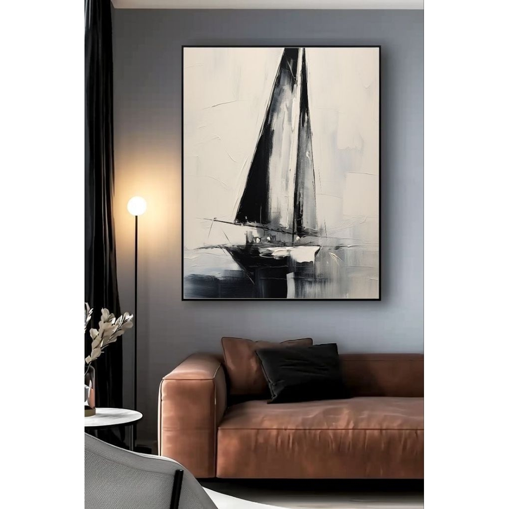 Lukisan Dinding Perahu Hitam Putih Tekstur | Lukisan Handmade 100% | Lukisan Aesthetic 3D