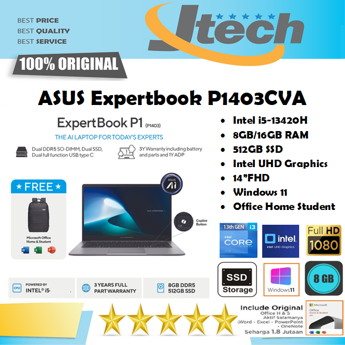 ASUS Expertbook P1403CVA i5 13420H 16GB 512GB SSD 14"FHD W11 OHS