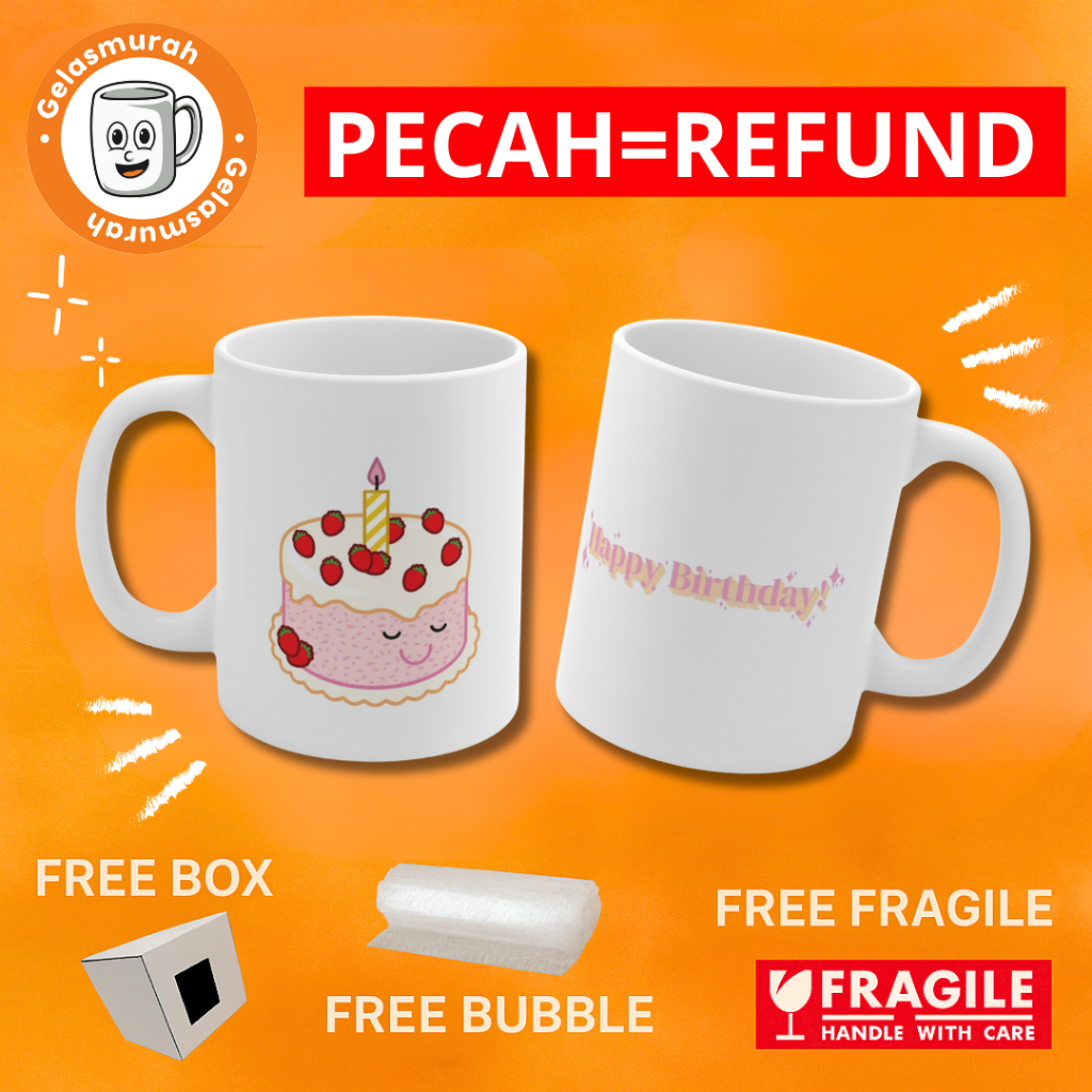 MUG KERAMIK MOTIF PINK BIRTHDAY CAKE LUCU