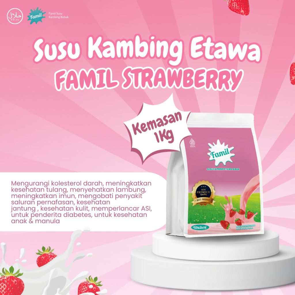 

Susu Kambing Etawa Bubuk Murni Rasa Stroberi 1000 gram / 1Kg Susu Etawa Famil Halal Aman Dikonsumsi Semua Usia Untuk Imun Dan Kesehatan