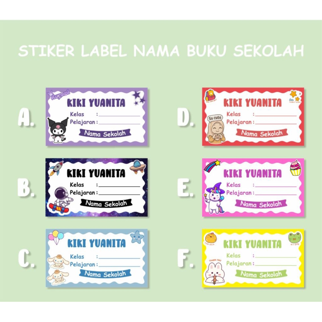 

isi 20pcs Stiker Label Nama Buku Sekolah Anak Custom Lucu Karakter Kartun – Bisa Nama Sendiri