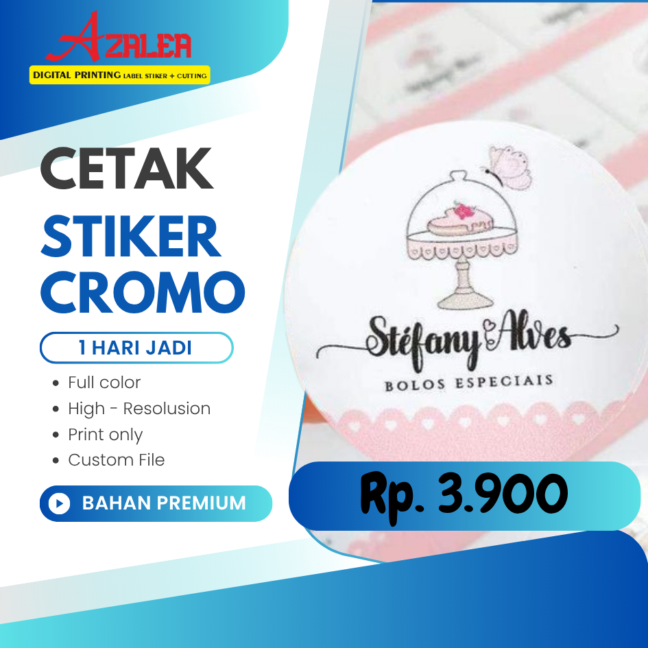 

CETAK STIKER LABEL KEMASAN BAHAN CROMO A3+ (PRINT + CUTTING) || cetak stiker || stiker murah || stiker kemasan || stiker cromo
