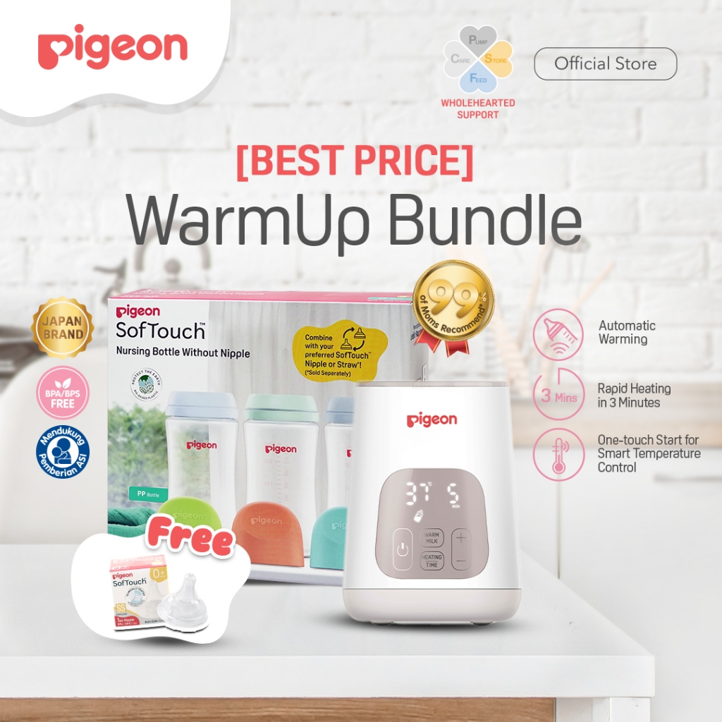 [BEST PRICE] PIGEON WarmUp Bundle | Smart Bottle Warmer, Triple Pack Bottle BPP Wide Neck 240 ml tan