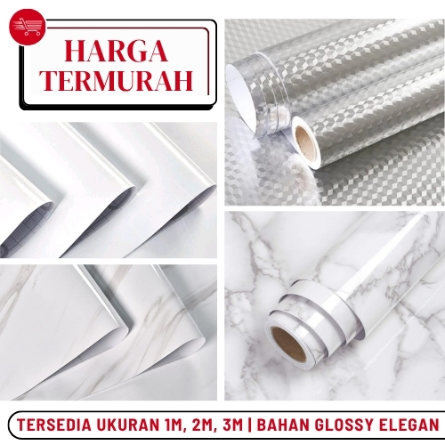 Wallstiker Wallpaper Dinding Marmer Glossy Putih Premium Walpaper Dindin Meja Makan Anti Air 3 Meter