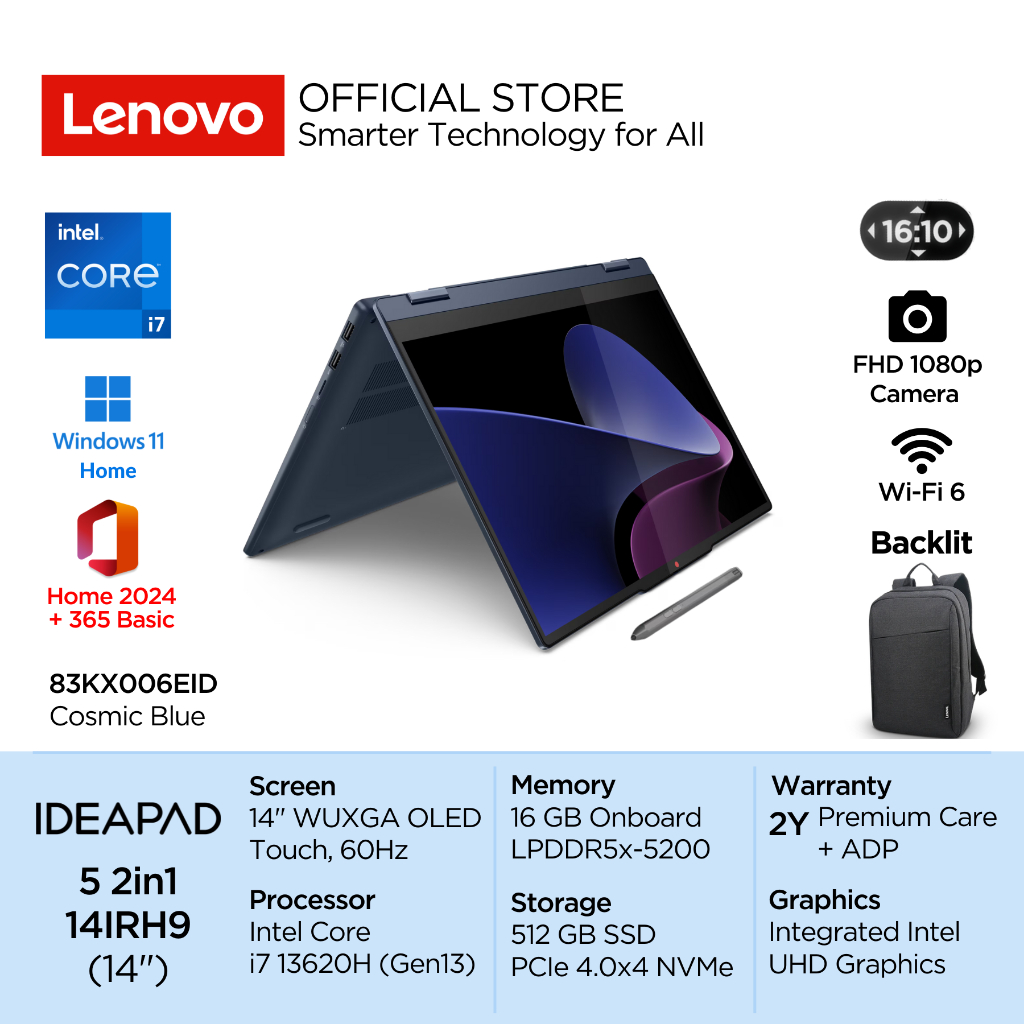 Lenovo IdeaPad 5i 2in1 14IRH9 Intel Core i7 13620H Win11 16GB 512GB SSD 14" WUXGA OLED Touch 60Hz 10