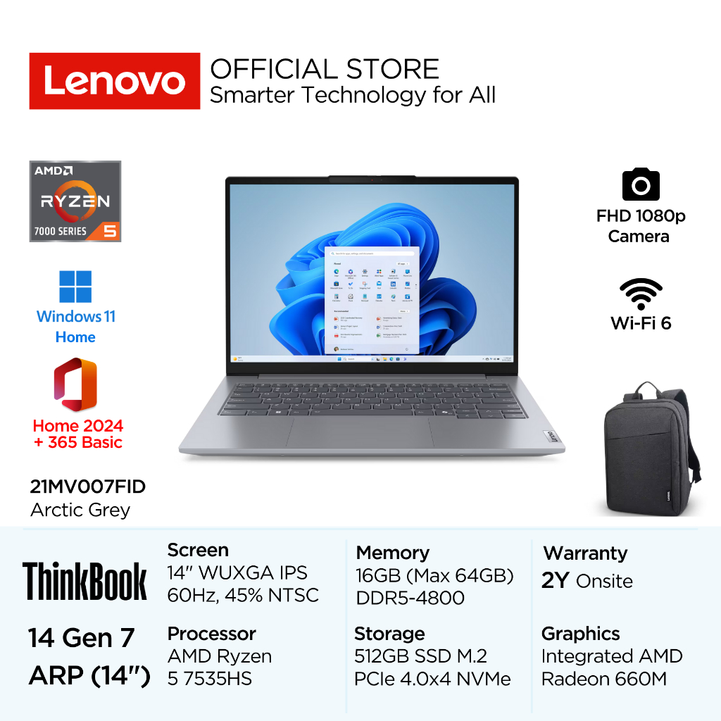 Lenovo ThinkBook 14 Gen 7 ARP 7FID AMD Ryzen 5 7535HS Win11 16GB 512GB SSD 14" WUXGA IPS 60Hz 45% NT