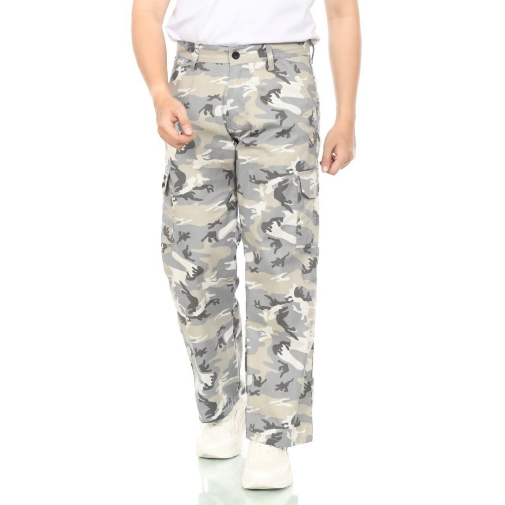 B-FOUR Celana Cargo Panjang Pria Camo Loreng Putih Regular Fit Loose fit Gombarang