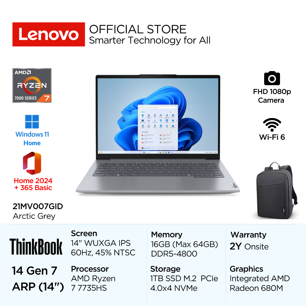 Lenovo ThinkBook 14 Gen 7 ARP 7GID AMD Ryzen 7 7735HS Win11 16GB 1TB SSD 14" WUXGA IPS 60Hz 45% NTSC