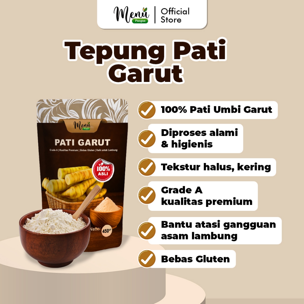 

Tepung PATI GARUT GRADE A Asli Putih Tanpa Campuran untuk Asam Lambung Gerd No Gluten Irut Angkrik