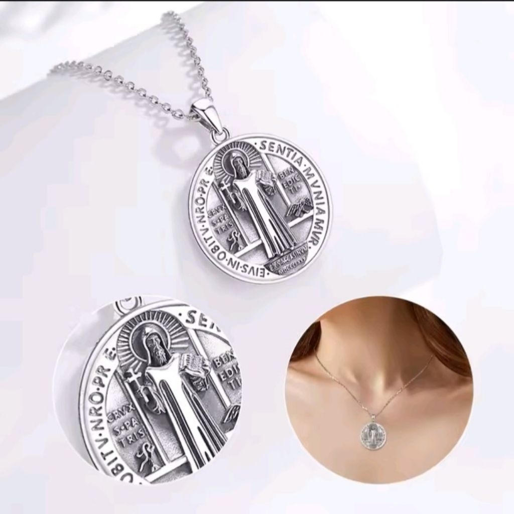 Kalung Medali Santo Benediktus Titanium | Liontin Salib Katolik Pria Wanita