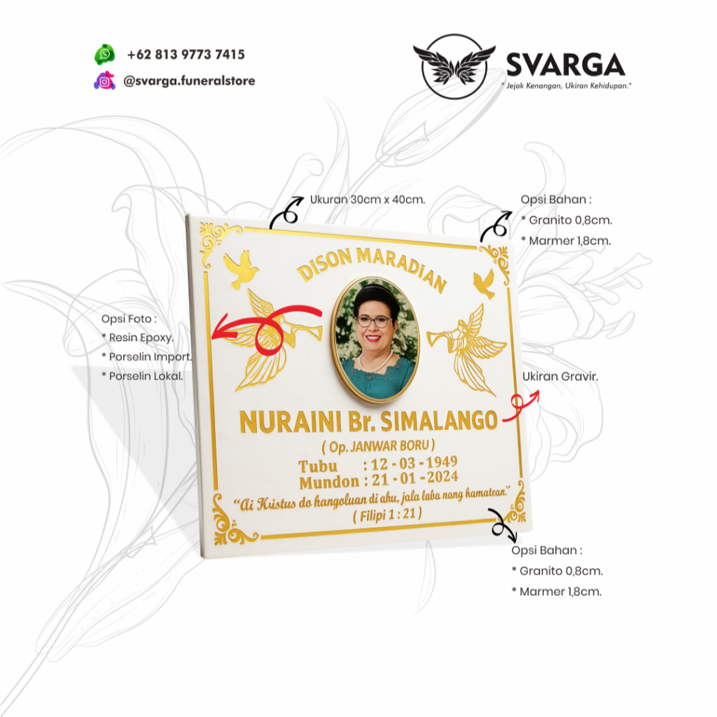 SVARGA Batu Nisan GRANIT PUTIH Termurah Kristen Nasrani 30x40 + FOTO