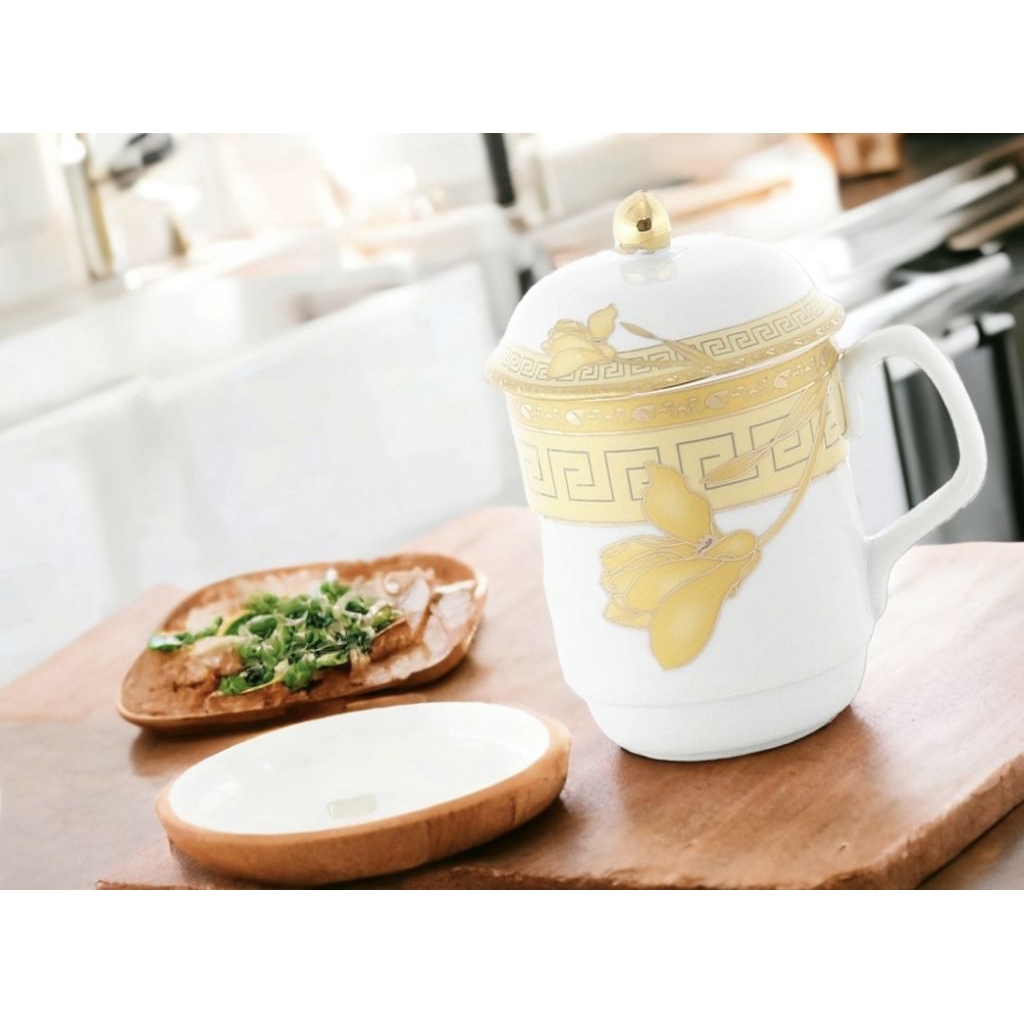 Mug VICENZA gelas cantik Motif LILY dengan tutup tipe Y66 bahan Porselen khusus sehingga higienis da