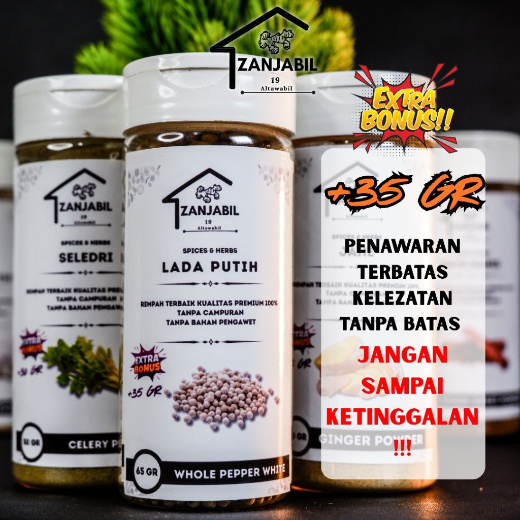 

Lada Putih Utuh Organik Zanjabil 65gr + Bonus 35gr Rempah Dapur Premium Non MSG Tingkatkan Imun Alami