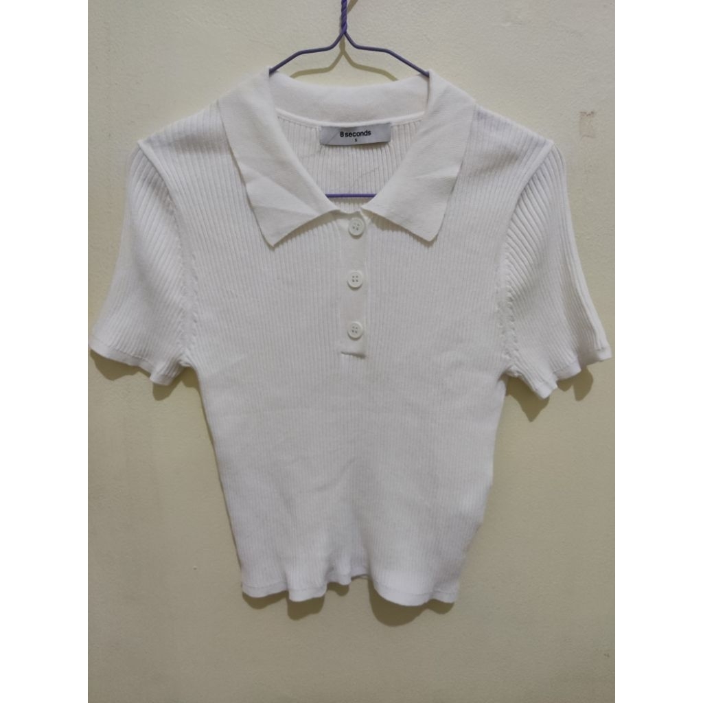 [BRAND NEW] 8 Seconds White Short Sleeve Knit Top with Collar (+admin)