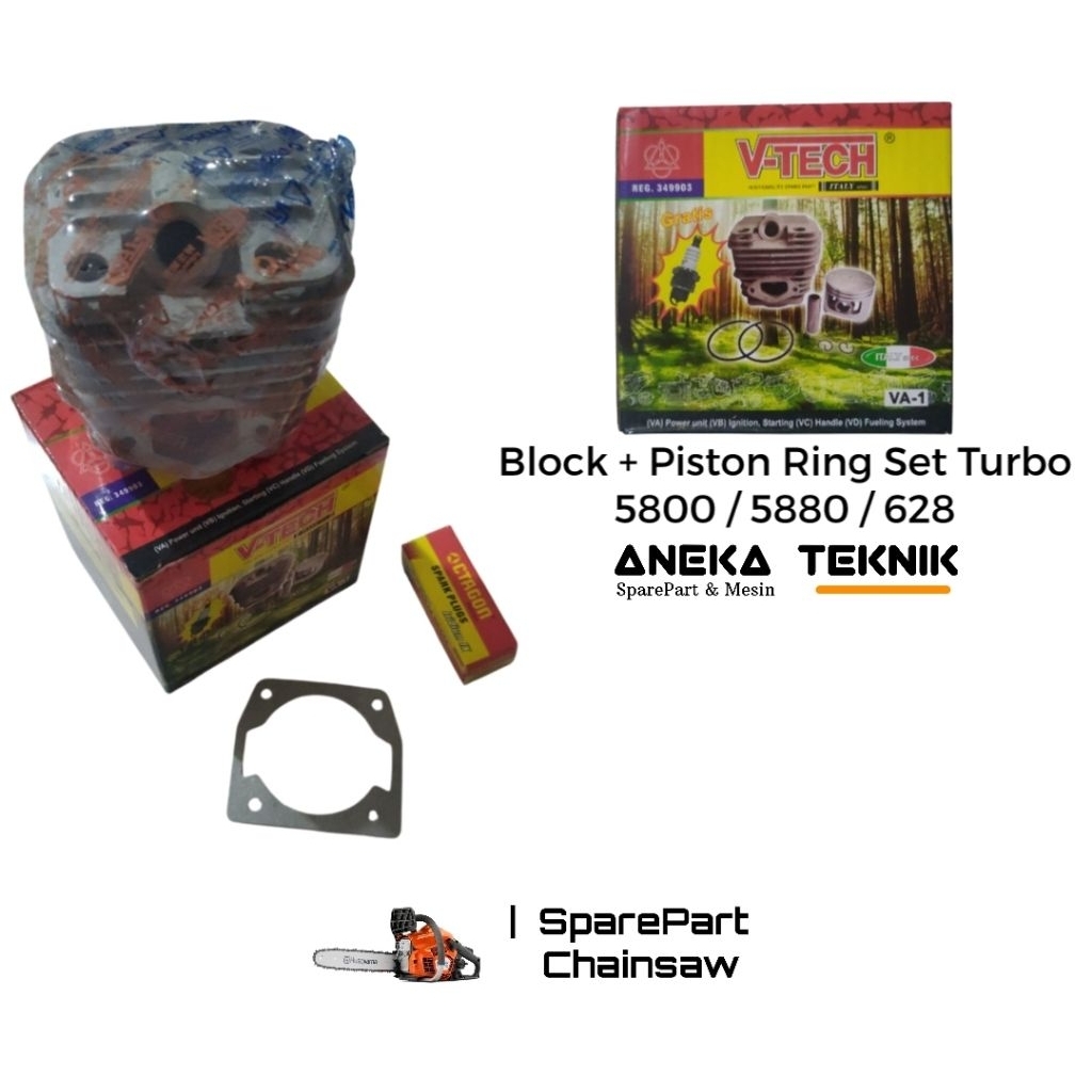 Block Blok Piston Ring Set Chainsaw Senso Sinso Ukuran 5800 / 5880 Tipe Turbo V-Tech