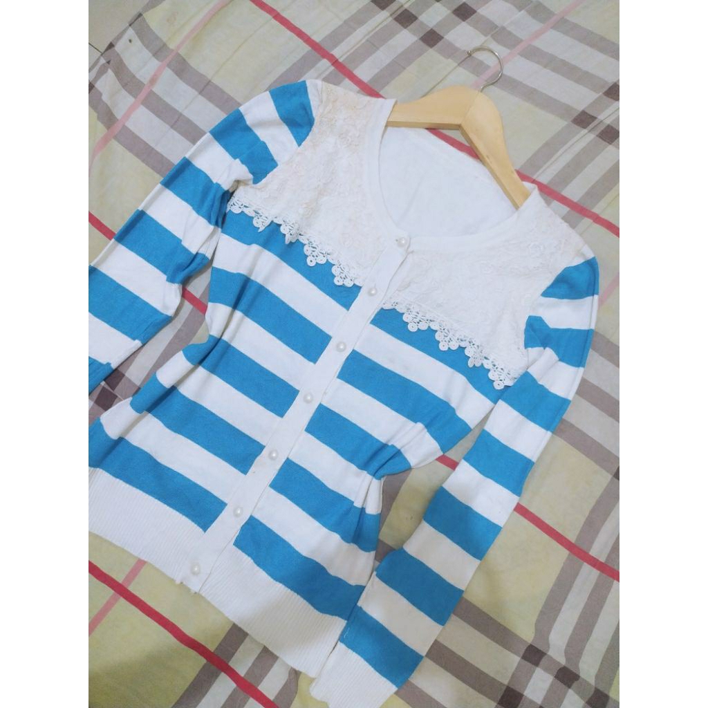 cardigan salur biru putih brukat korean