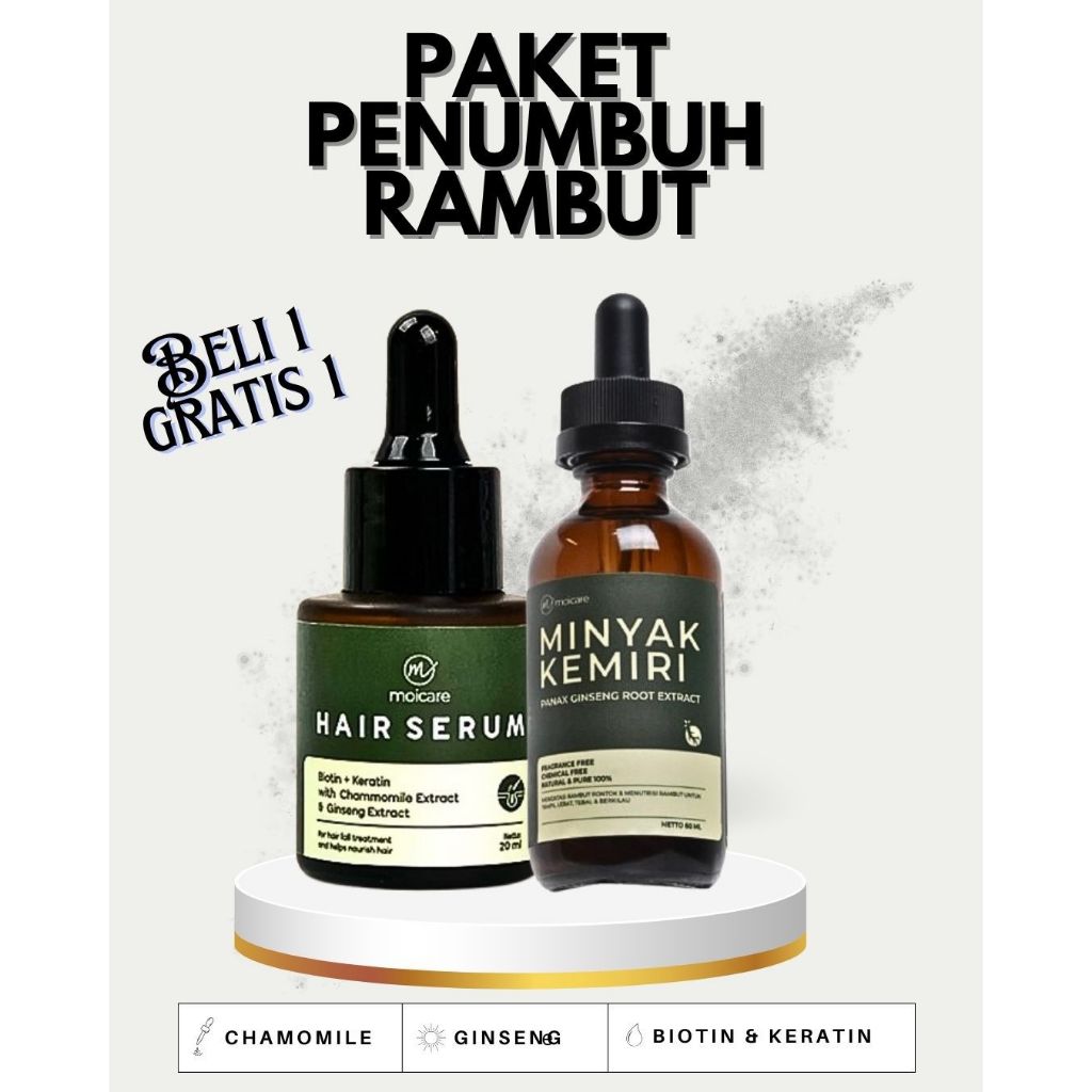 MOICARE 2 PCS PAKET Hair Serum & Minyak Kemiri Penumbuh Pelebat Rambut Hitam | Paket hair growth | P