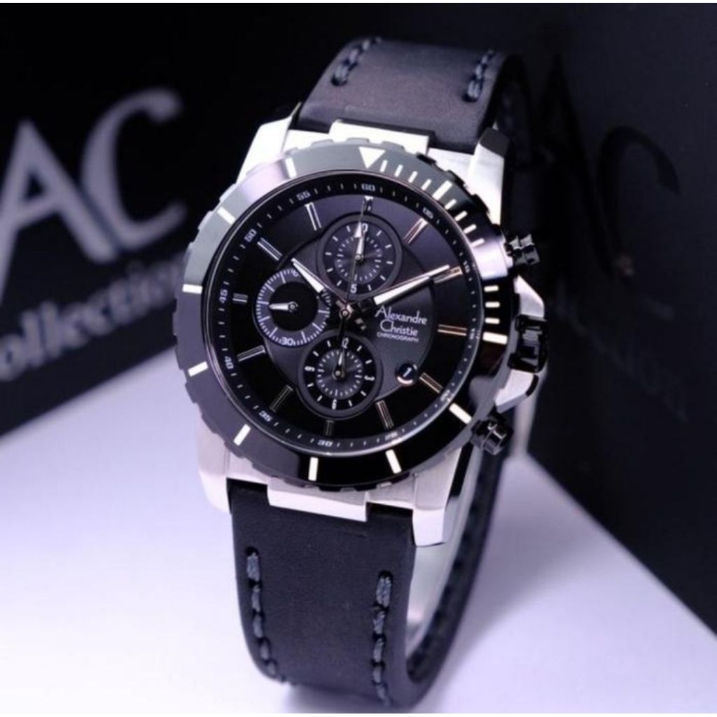 JAM TANGAN PRIA ORIGINAL ALEXANDRE CHRISTIE AC6141MC LEATHER STRAP  SILVER BLACK