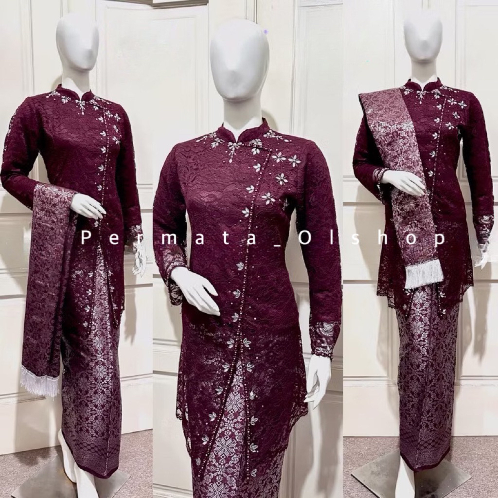 Permata Olshop / Setelan Kebaya Brukat Tunik Janggan Rok Songket Selendang / Kebaya Emerald Blue