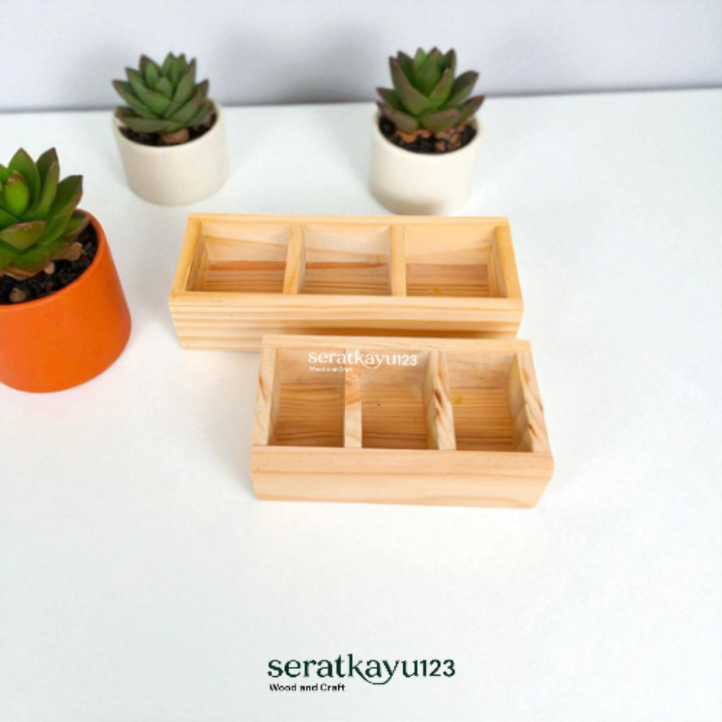 Kotak Kayu Serbaguna / Wadah Kayu Sekat 3 Tempat Kopi Teh Sachet Wooden Storage Box