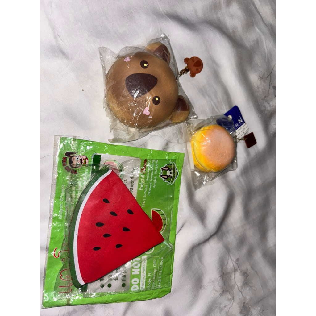 preloved squishy chawa watermelon, punimaru animal bun, cafe de n sugar bun