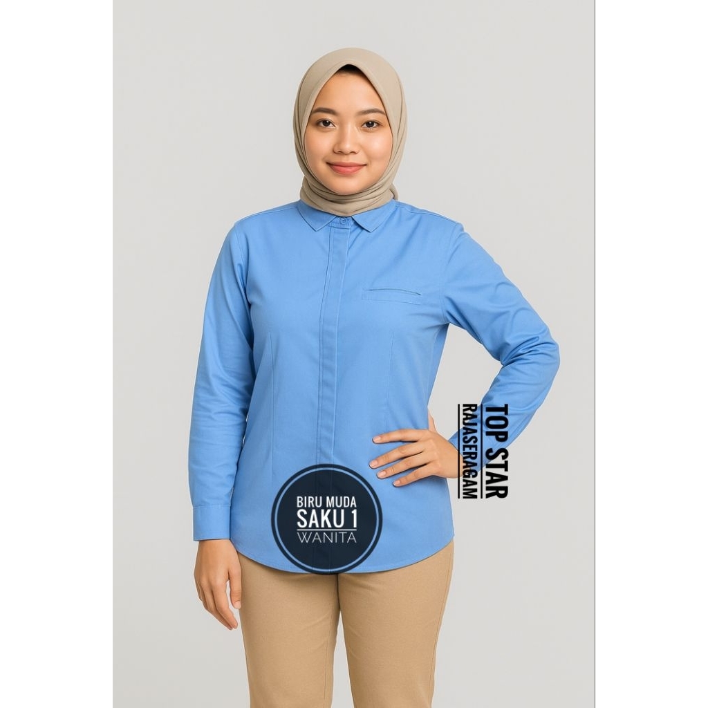 Baju Kemeja Seragam PDH Wanita Saku 1 BIRU MUDA Drill Panjang Net Hem Dinas Casual