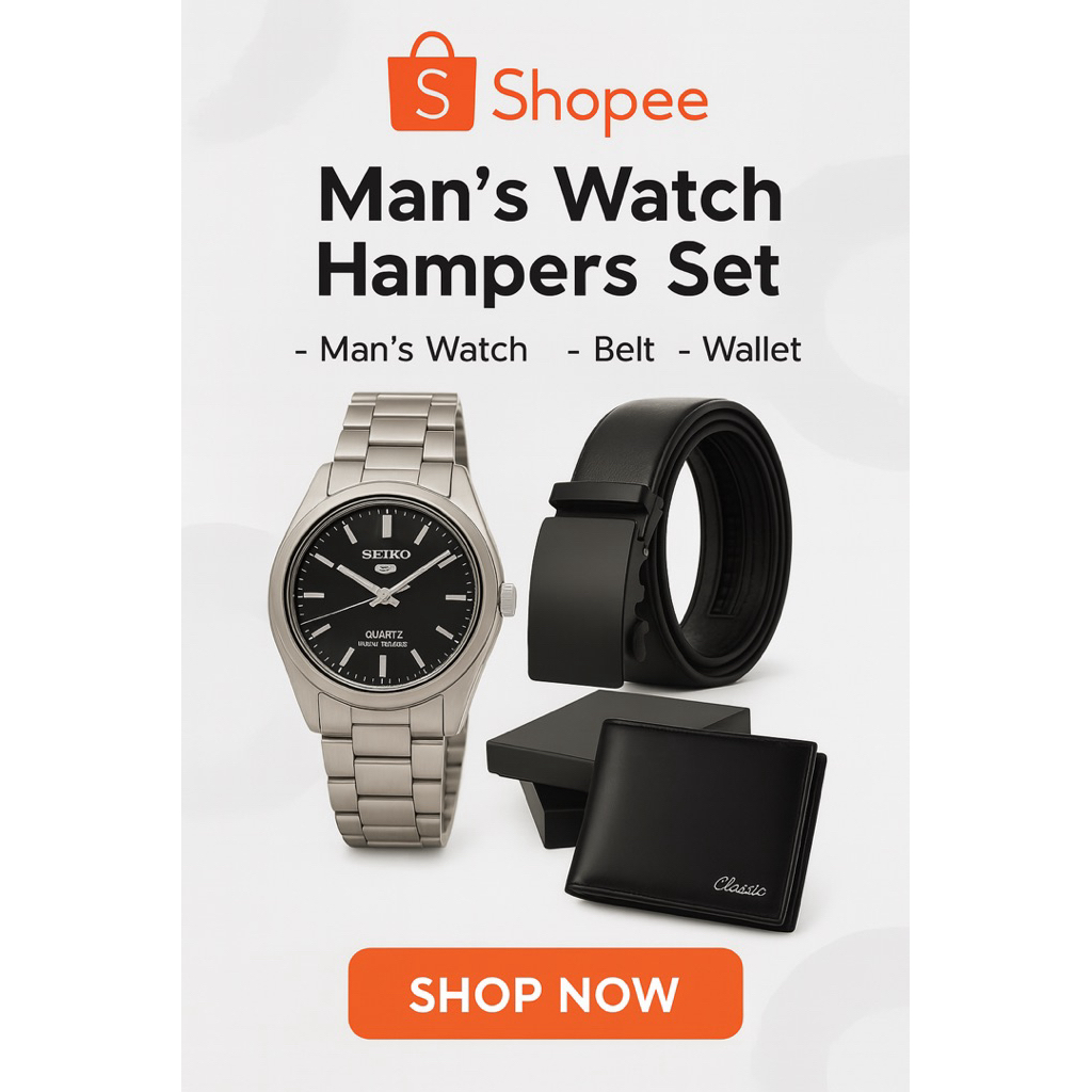 Hampers Pria Eksklusif | Seiko Jam Tangan Pria + Ikat Pinggang Kulit + Dompet Elegan | Kado Ulang Ta