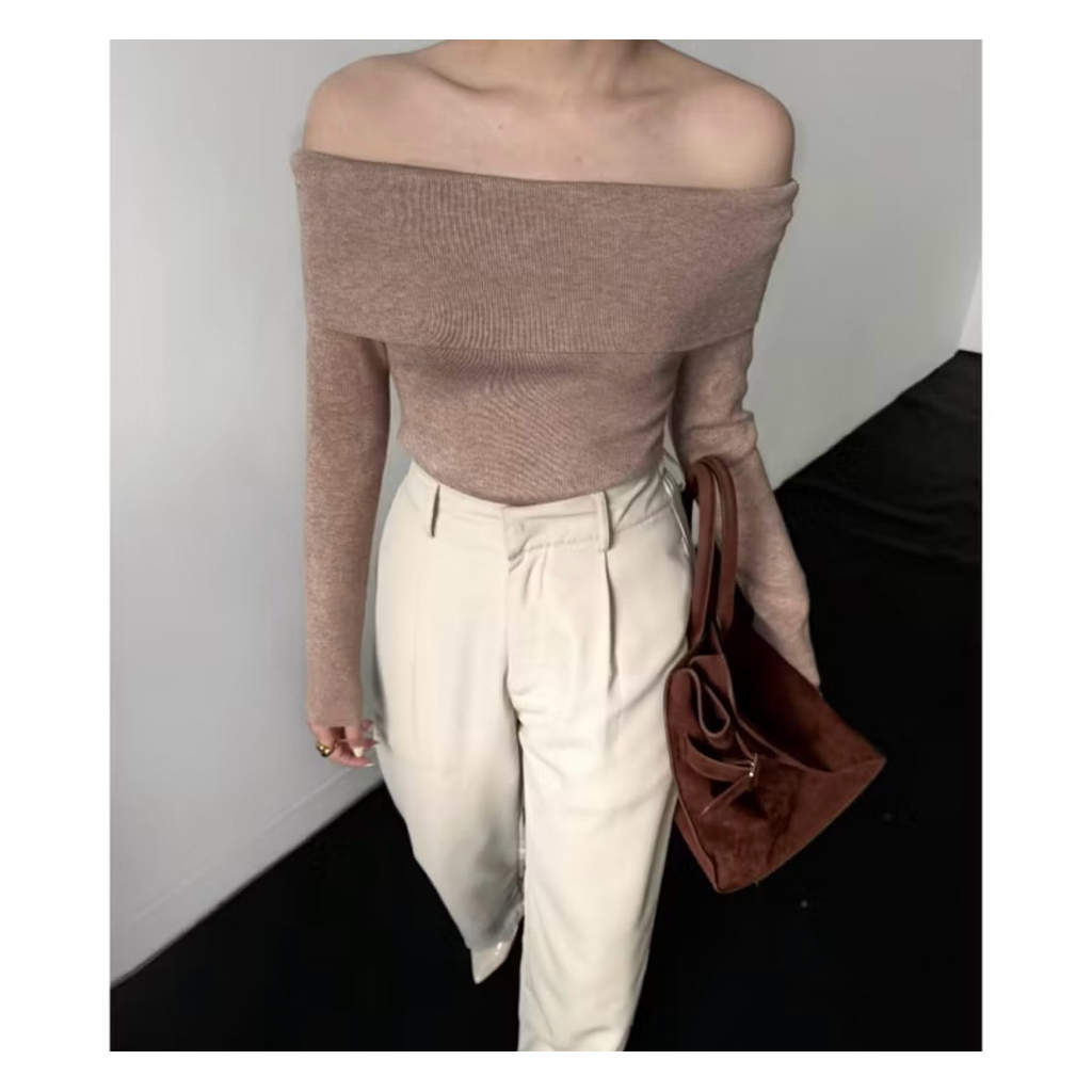 NEW NETT (BROWN - SIZE S/M - ld 60-100 - pjg 43 ) ECINOS Off Shoulder Knit Top Atasan Wanita Blouse 