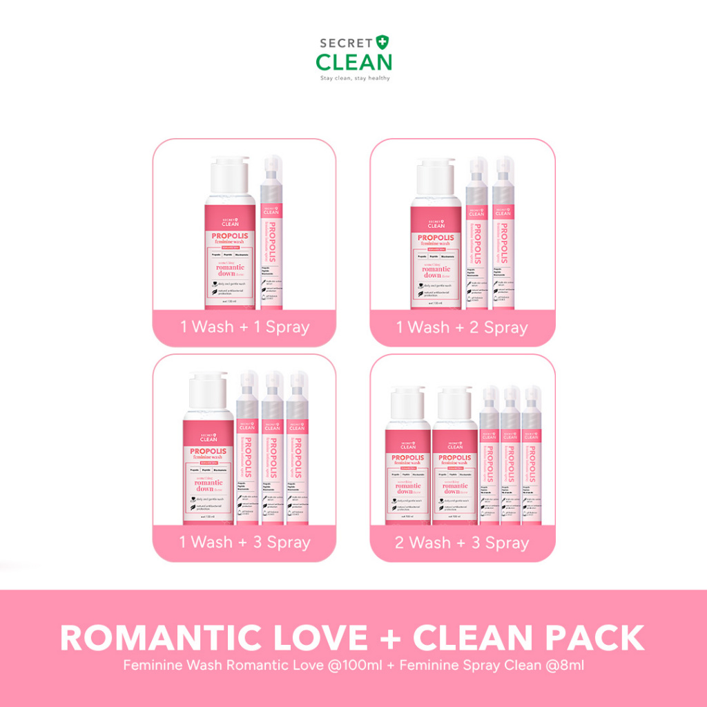 [ROMANTIC LOVE WASH + CLEAN SPRAY]  Secret Clean Paket Propolis Feminine Care 2 pcs / 3 pcs / 4 pcs 
