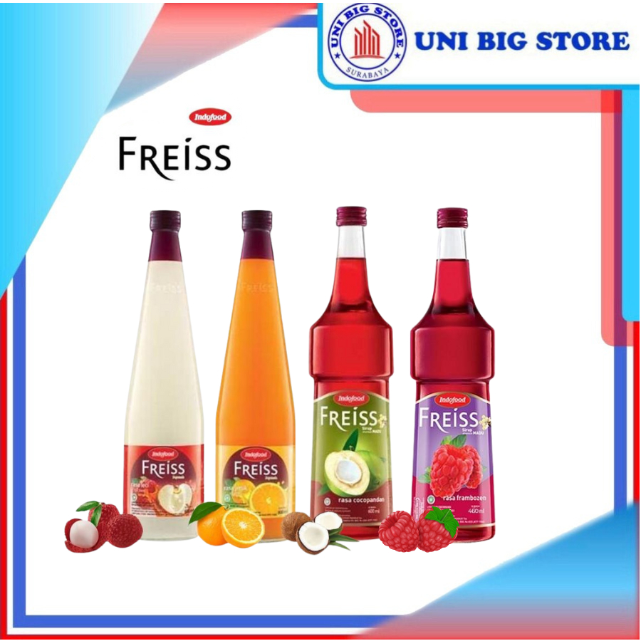 

Indofood Sirup Squash Freiss Orange Lychee Syrup 460 ml Jeruk Leci Cocopandan Frambozen