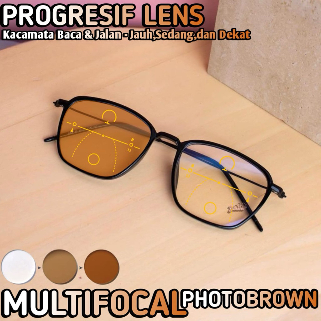 Kacamata Progresif Phtobrown Antiradiasi Pria/Wanita | Kacamata Baca Plus Jalan | Frame Kacamata Pro