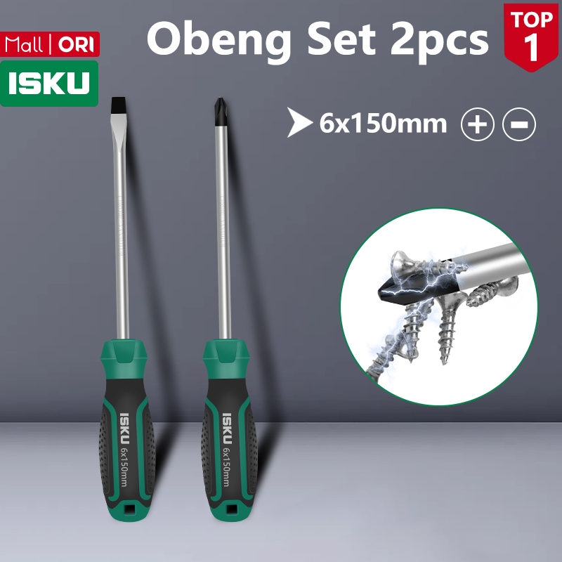 ISKU Obeng Ketok Tembus Plus Minus 6x150mm Obeng Baja Magnet Kuat Bisa Dipukul Palu Handle Karet Ant