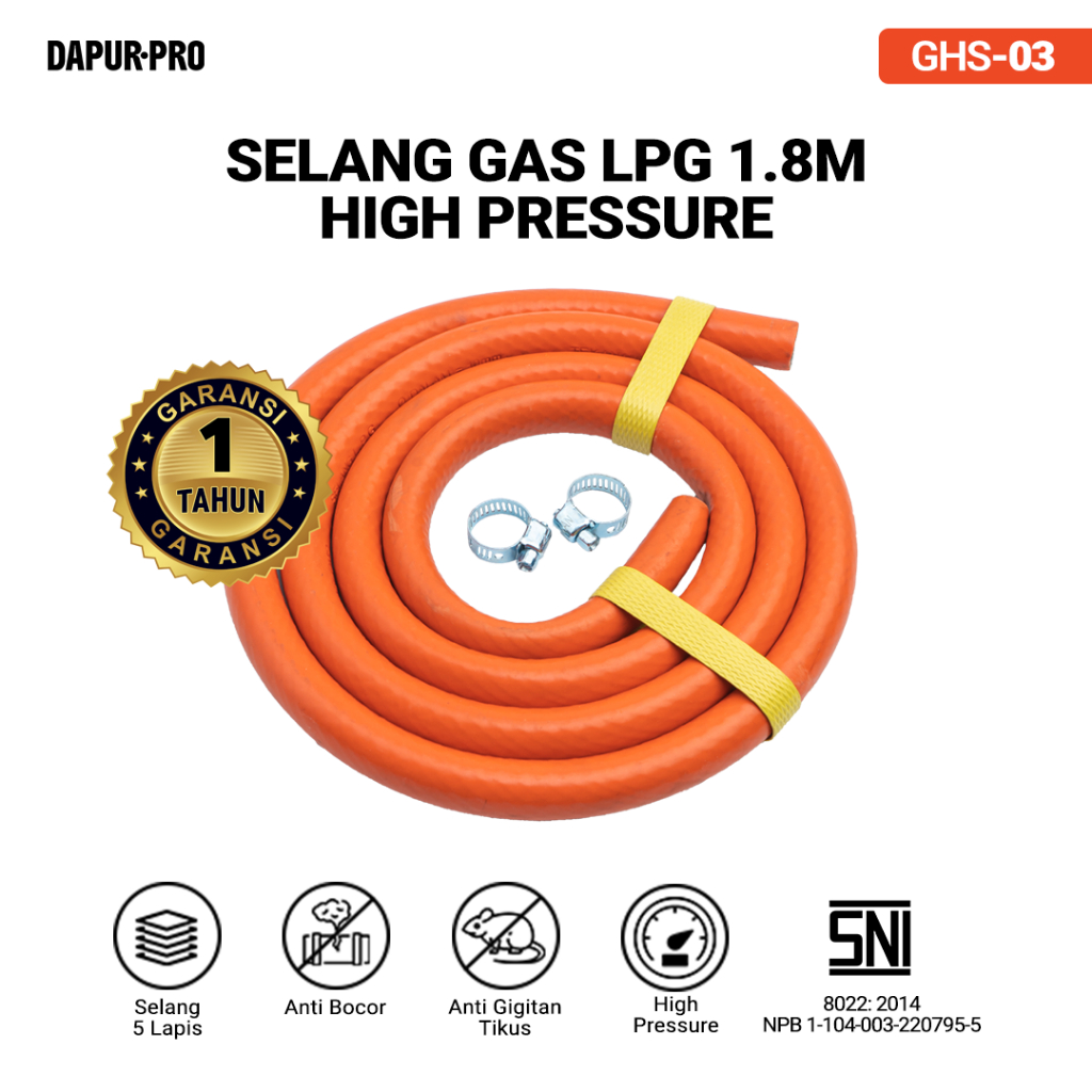 Dapur.pro Selang Regulator Kompor Gas High Pressure Anti Gigitan Tikus Panjang 1,8M | Selang Kompor 