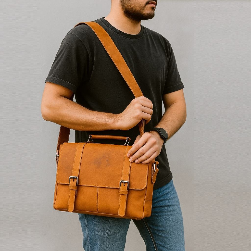 Men's Genuine Crazy Horse Leather Messenger Bag - Matte Finish Work Bag