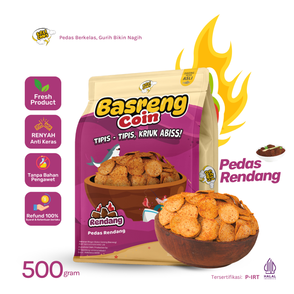

GELICHIPS - 500gr Basreng Jumbo Basreng Bulat Koin Rasa Rendang Renyah Tipis Kriuk 1/2kg
