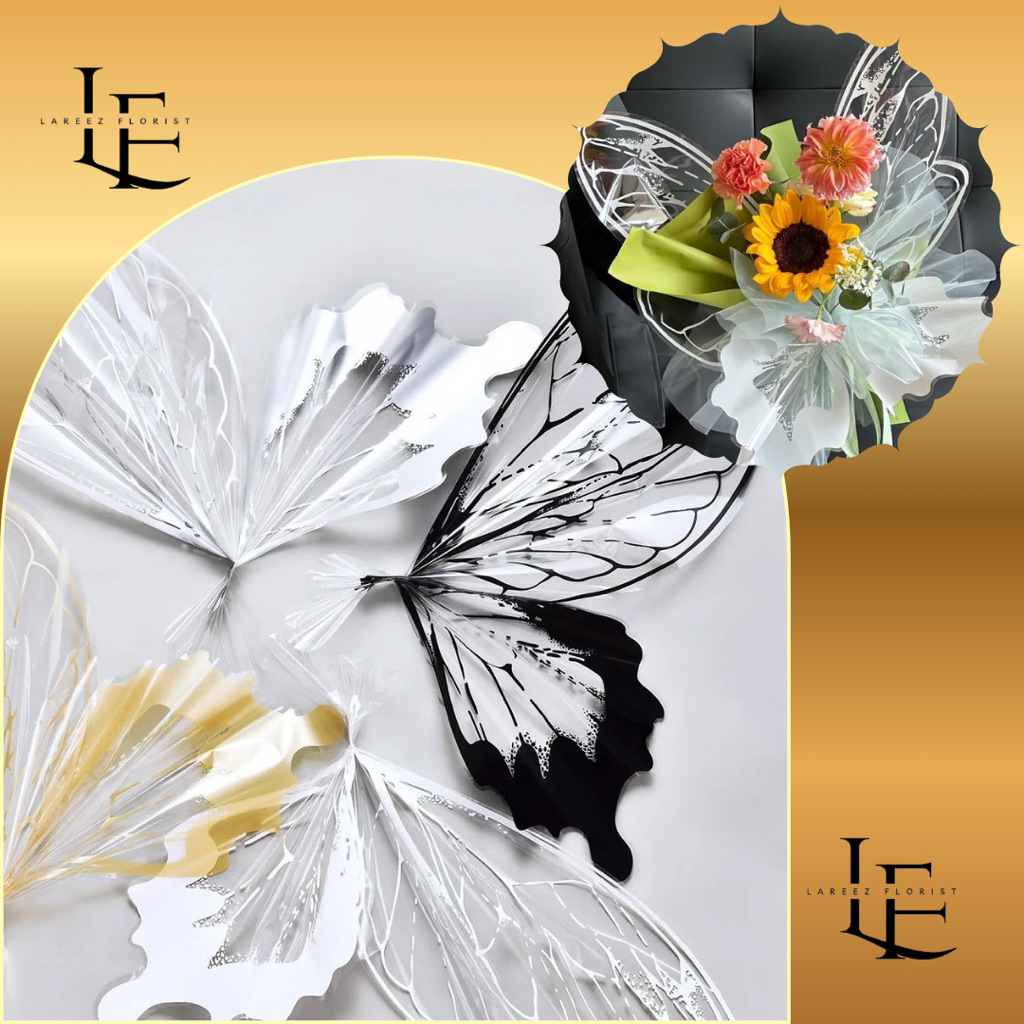 

[1 Pack isi 20 Pcs] Kertas Bungkus Pembungkus Bouquet Bucket Bunga Cellophane Motif Kupu Kupu Emas Waterproof Anti Air