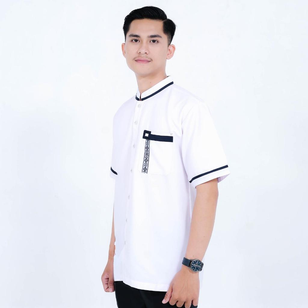 [Asriyani] Baju Koko Faizan Lengan Pendek Putih Kombinasi Bordir Hitam Terbaru Katun Toyobo Fodu