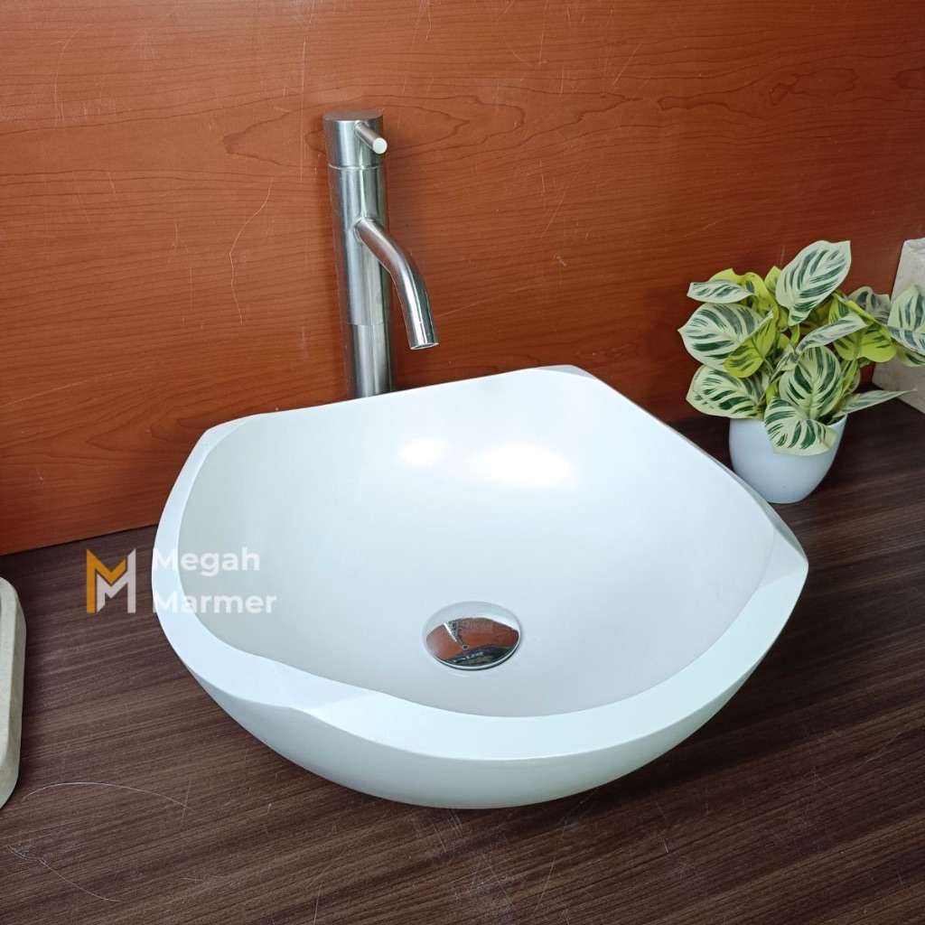 Megah Marmer | Wastafel Terazzo Putih Polos Bentuk Baskom Square Ukuran 40 cm Free Packing Kayu