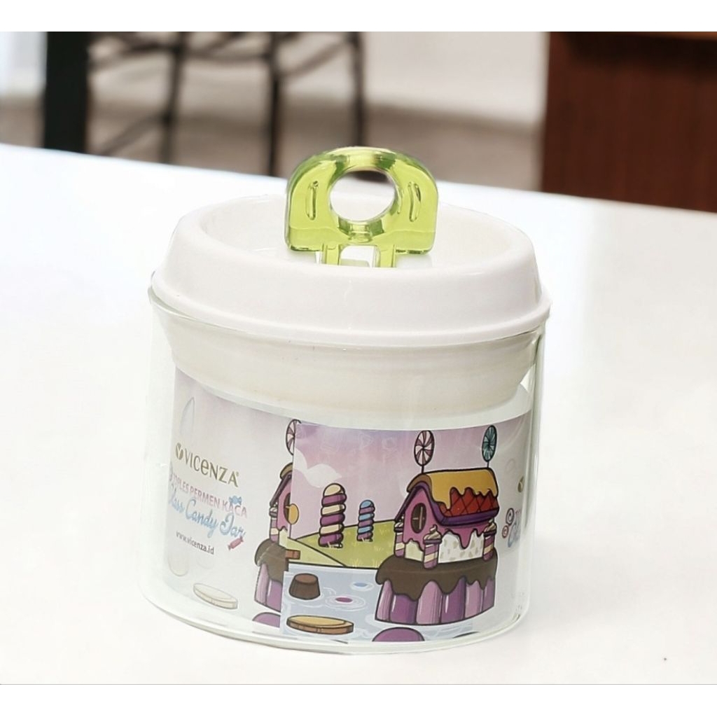 Toples Kaca VICENZA GB451 Hijau, diameter 11 cm dan vol 700 ml, bentuk candy jar Vicenza unik, kedap