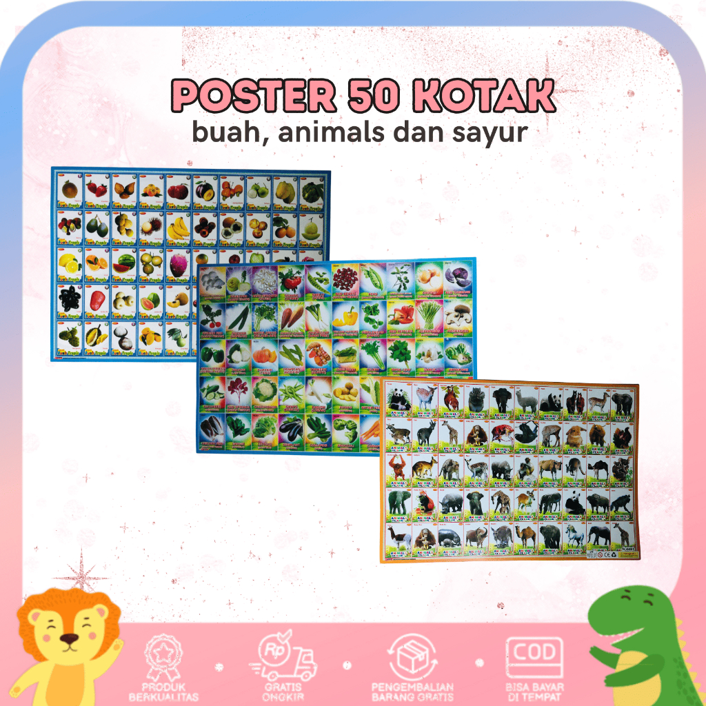 Poster Satuan isi 50 kotak Edukasi Anak Belajar Gambar Hewan, Buah dan Sayur