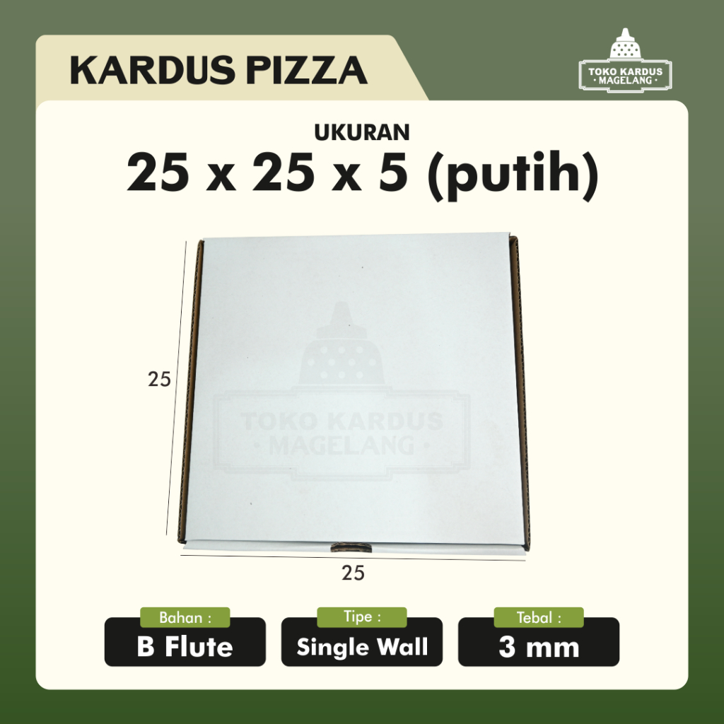 

Kardus Die Cut PUTIH/ Box Pizza Diecut / Brownis / Hampers / Gift / Aksesoris / Kaos / Dus Packing 25 x 25 x 5 cm PUTIH (Kardus Pizza Putih 25 x 25 x 5 cm )