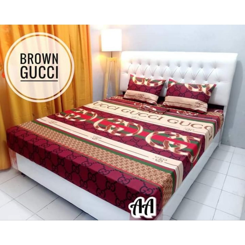 SPREI KARET KATUN PREMIUM 90/100/120/140/160/180/200 Motif Brand Gucci guci brown coklat