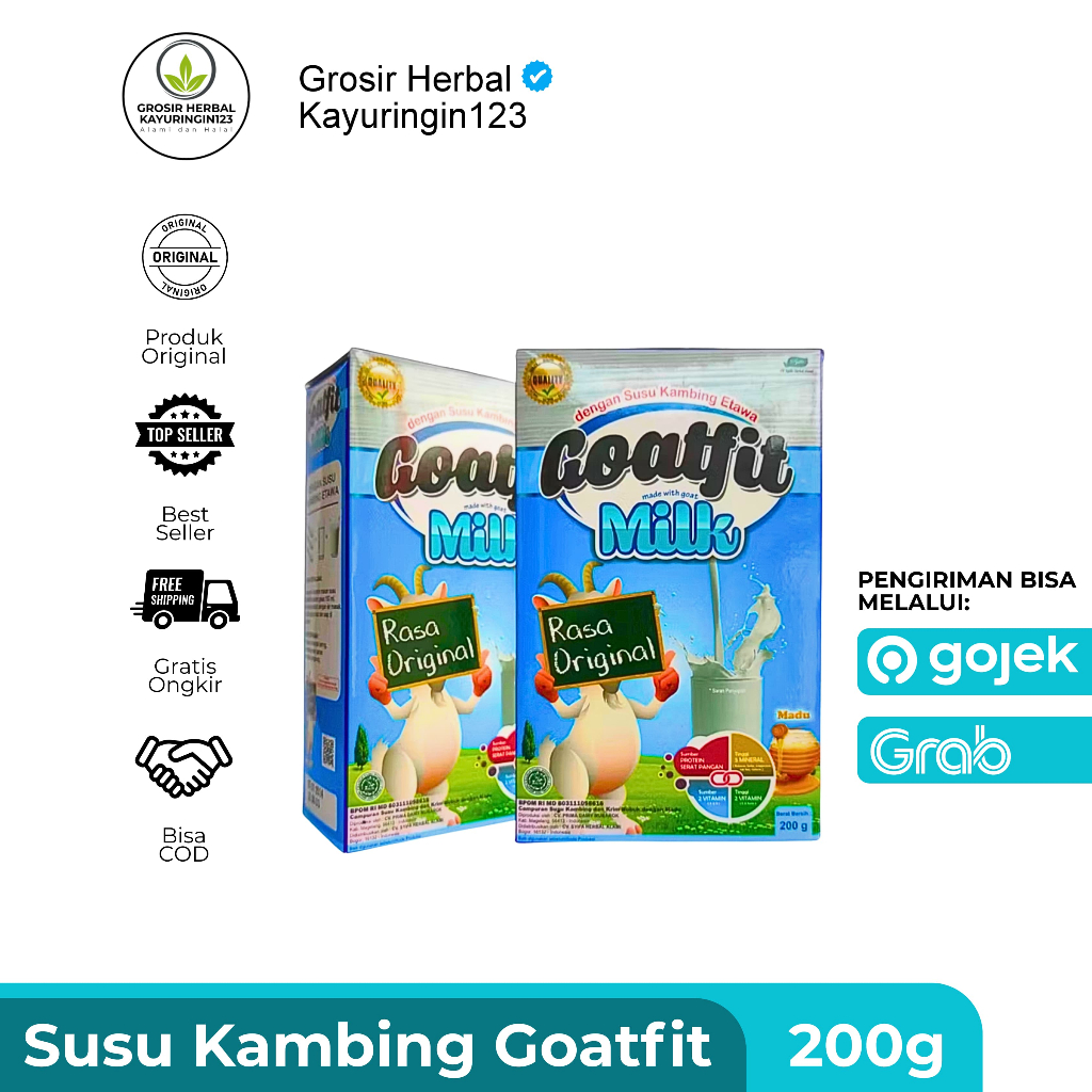 

Susu Kambing Etawa Goatfit 200gram - Goat Fit Vanila Coklat Strawberry - Susu Kambing Etawa Rasa Original (vanila) Plus Royal Jelly 200gr
