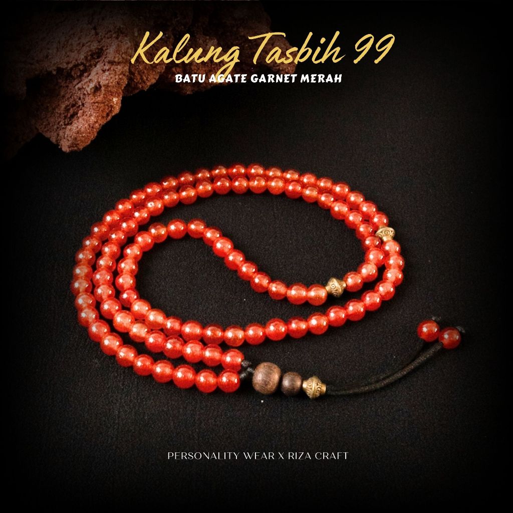 Kalung Tasbih Tasbeh Pria Wanita Keren 99 Butir Kecil Cantik Premium Batu Alam Agate Merah Delima Si