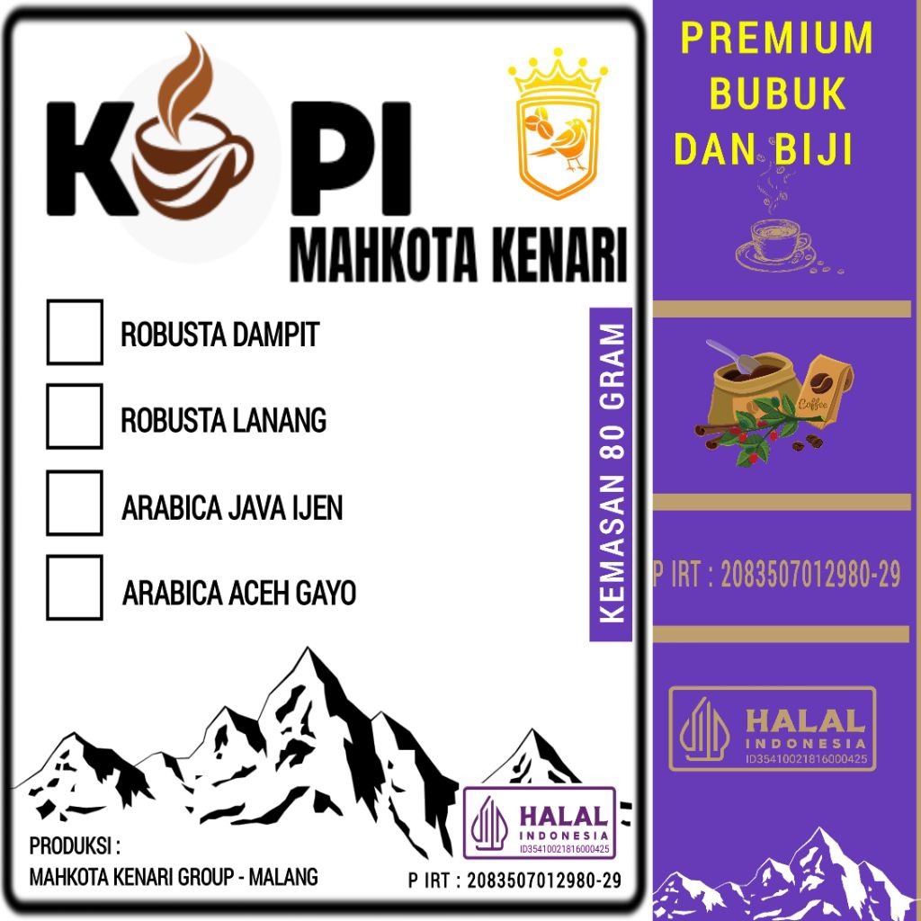 

Premium Kopi Mahkota Kenari Robusta dan Arabica 80 Gram