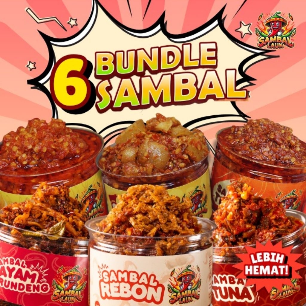 

BUNDLE 6 SAMBAL JALAPENODES [900G] Sambal Kikil/ Sambal Bawang/ Sambal Tuna/ Sambal Ayam Serundeng/ Sambal Terasi/ Sambal Teri/ Sambal Teri Cabe Ijo/ Sambal Cabe Ijo/ Sambal Ayam Suwir/ Sambal Rebon/ S.Baby Cumi - Siap Saji - Halal SPP-IRT