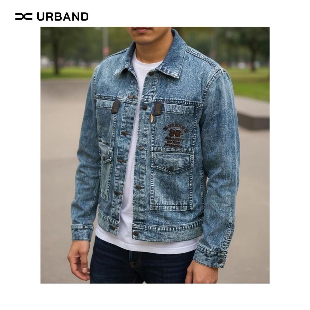 Jaket Jeans Pria Blue Sandwash Semi Parka Basic Denim Jacket Double Pocket A597