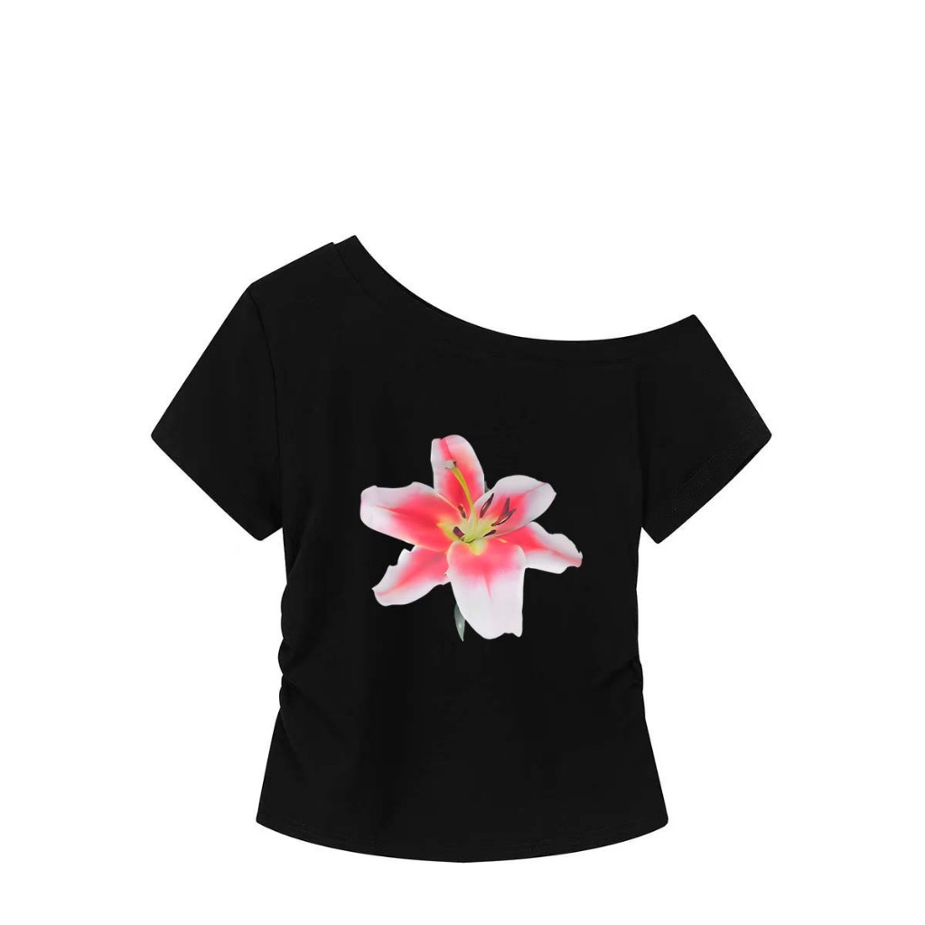 American retro "Bunga-bunga yang indah" print Kaos Bahu terbuka Wanita Terbaru 2025|Asymmetrical Off