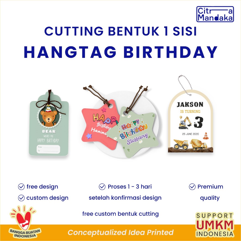 

Hang Tag Souvenir Ulang Tahun Anak Custom Potong Bentuk 1 Sisi | Free Design