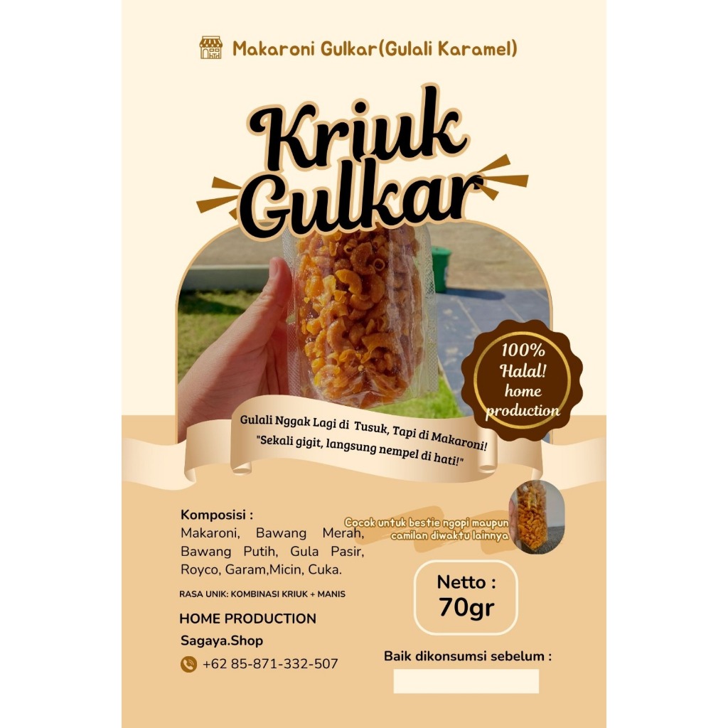 

MAKARONI GULKAR (GULALI KARAMEL) BERAT 1 KG HOME PRODUCTION